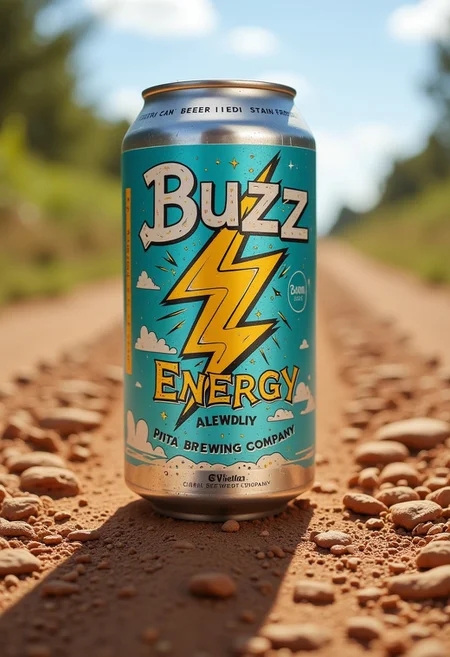 This is a high-resolution photograph of a can of beer, specifically the "Buzz Energy" beer from Civitai Brewing Company. The can is prominently displayed in the center of the image, standing upright on a rugged, dirt road with dirtbike tracks. The can's label is the main focus, featuring a vibrant, cartoonish illustration of a golden lightning bolt sparking with energy.<lora:Beer_Can_Creator_F1D:0.8>