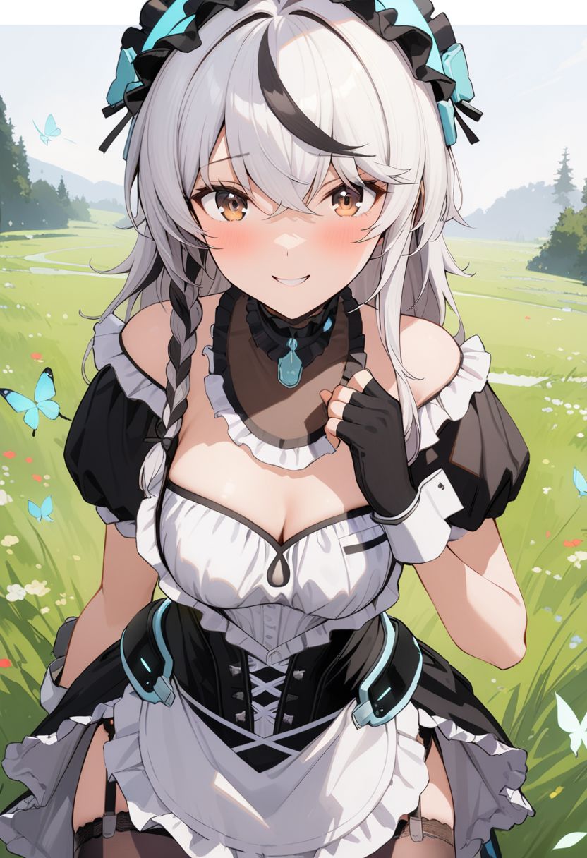 cherno maid, 1girl, maid, white long hair, black single braid, black garter straps, black stockings, black fingerless gloves,brown eyes,
((ink)),(water color),bloom effect,((best quality)),((world masterpiece)),((illustration)),(beautiful detailed girl),golden_eye,((extremely_detailed_eyes_and_face)),long_hair,detailed,detailed_beautiful_grassland_with_petal,flower,butterfly,smile,petal,(silver_bracelet),(((surrounded_by_heavy_floating_petal_flow))),