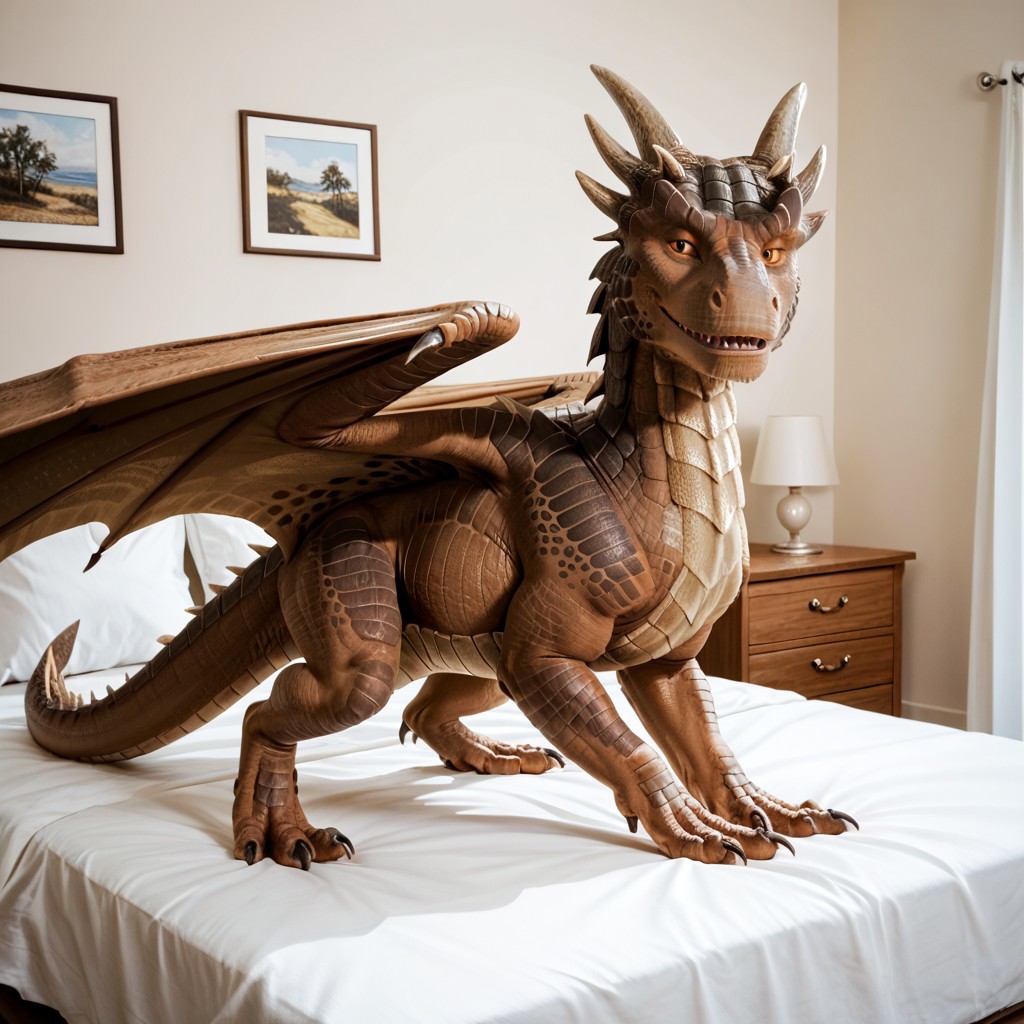 score_9, score_8_up, score_7_up, score_6_up, masterpiece, high quality, realistic, detailed, best quality, solo, rating_safe, source_furry, bedroom, smiling, seductive, looking at viewer, on bed, negative_hand, full body, draco_dh, dragon, brown scales, wings, horns, claws, tail, male, 1boy, feral, yellow sclera