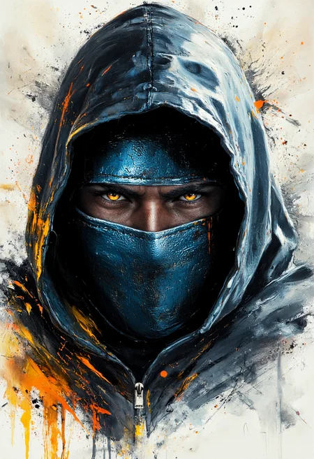 A striking and intense close-up portrait of a masked warrior, his piercing eyes burning with determination beneath the shadow of his hood. The blue metallic mask, battle-worn and textured, covers the lower half of his face, hinting at a cold and disciplined fighter. The artwork blends realism with a painterly, abstract style, featuring splashes of orange and yellow that contrast against the dark, icy tones of his attire. The rough brushstrokes and scattered textures create a sense of motion and raw energy, embodying the fierce and unyielding spirit of a deadly combatant.,aidmaimageupgrader, aidmaMJ6.1 <lora:aidmaImageUprader-FLUX-v0.3:0.4> <lora:aidmaMJ6.1-FLUX-v0.5:0.7>