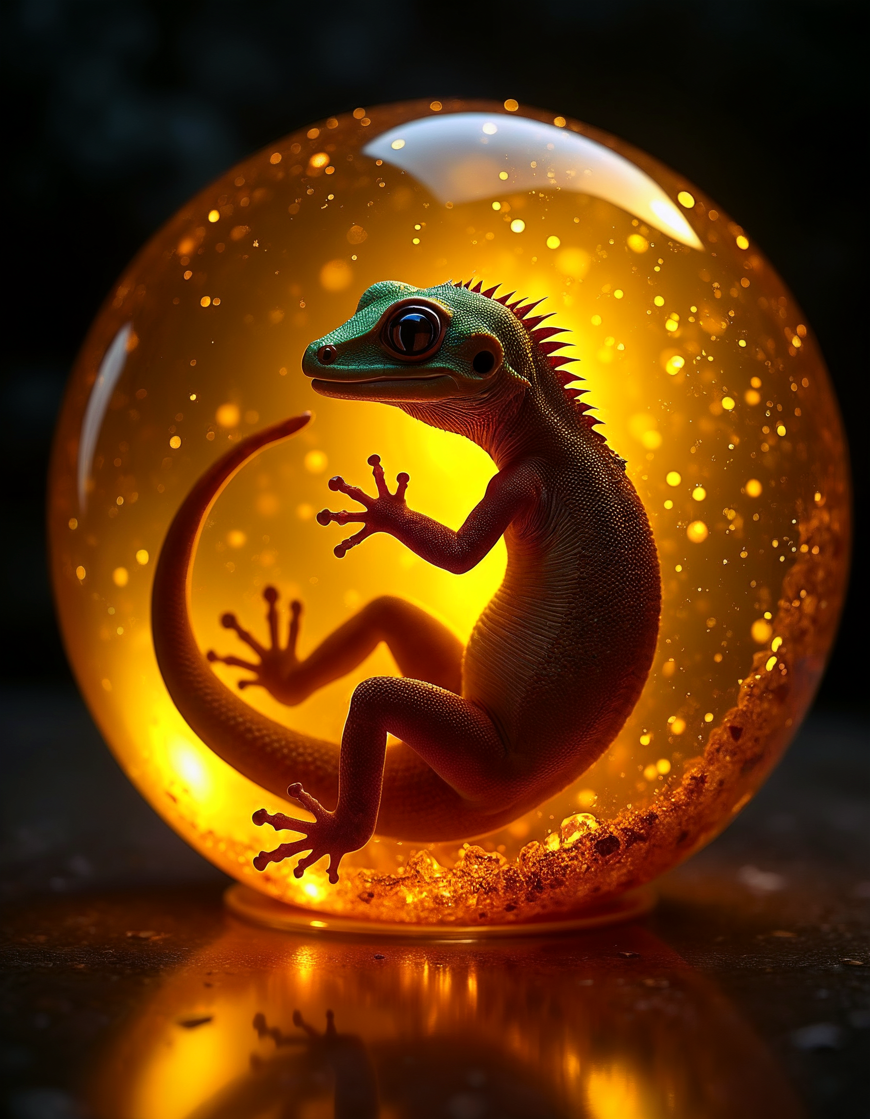 lizard trapped in amber, the lizard is curled up in a fetal position, vibrantly colored lizard gecko with fine scales, the amber glows with iridescent golden hues, light shines from within the amber, refractive like a gemstone, scattered luminescence, the background should be monochrome, strong vignette effect, highly detailed,