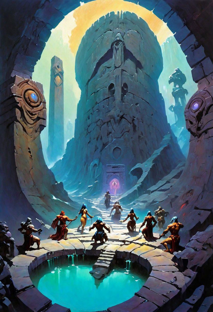 Fantasy painting, masterpiece by frank frazetta, androgynous, dungeon _party, group, muscular, fetish, fantasy masterpiece, a party of beautiful adventurers exploring an ancient dungeon, cyberpunk, vaporwave, arcane ruins