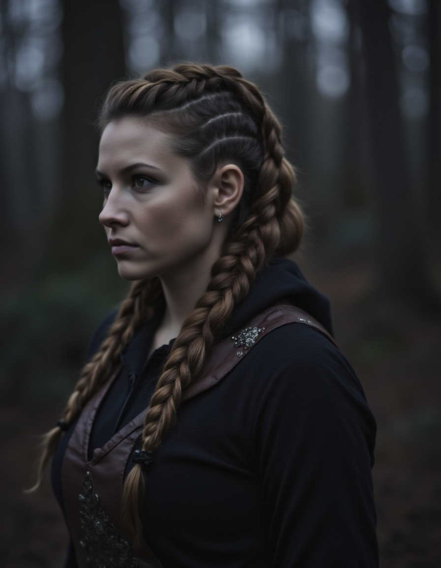 a woman  viking female with braided hair, stand in a dusk wood, some raven fly around her <lora:Female_Vikings_Hairstyle:1> v1k1ng2, braids, viking, face