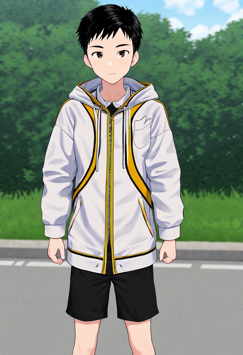 harmard, black hair, short hair, brown eyes, 1boy, solo, solo focus, wear open clothes, white clothes, half clothes, wear black shorts, outdoor setting