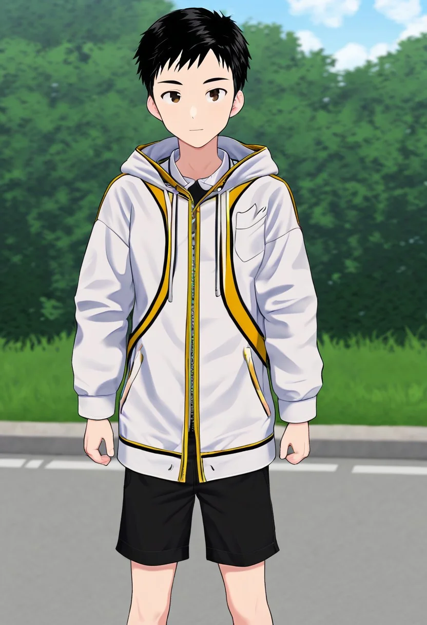 harmard, black hair, short hair, brown eyes, 1boy, solo, solo focus, wear open clothes, white clothes, half clothes, wear black shorts, outdoor setting