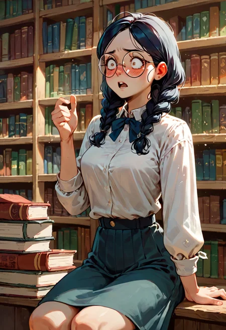 score_9, score_8_up, score_7_up, score_6_up BREAK
source_anime,
1girl, nerd girl sitting in library, blushing, surprised,
round glasses
<lora:RoundGlassesVs1:0.75>