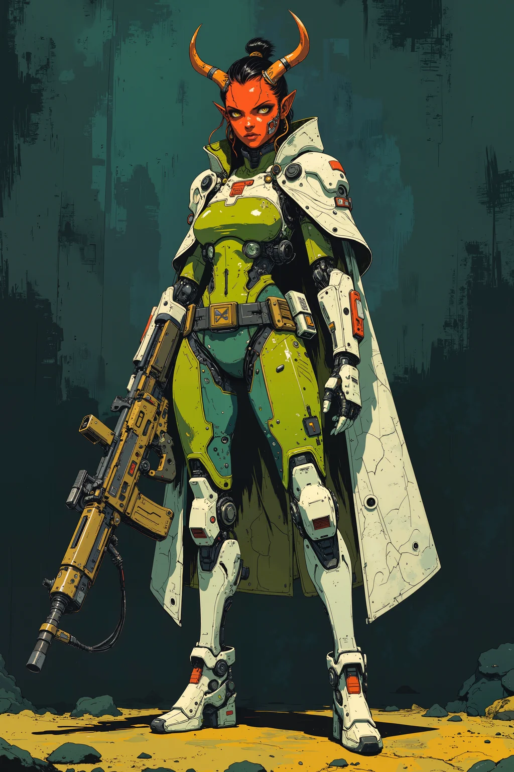 a futuristic, anthropomorphic female warrior with insect-like features. She stands confidently, holding a large, futuristic rifle with both hands. Her skin is a deep red, and she has sharp, pointed ears and two large, curved horns on her head, adorned with intricate patterns. Her eyes are piercing, with a dark, almost black color, and she has a stern, determined expression. She wears a form-fitting, green armored bodysuit with white accents and gold details, which covers her upper body and extends down to her thighs. Over this, she has a white cape with a textured, quilted pattern in shades of green and gold, which flutters slightly, suggesting movement.Her lower body is covered in white, thigh-high boots with red accents, and she has white, mechanical gloves that extend to her elbows. The background is a dark, textured gradient of blues and greens, which contrasts sharply with her vibrant attire, making her stand out prominently. The overall style of the drawing is highly detailed and realistic, with a focus on the intricate textures and metallic sheen of her armor. ,in the style of cksc,anime, cyberpunk, DB4RZ, DB4RZ style painting <lora:CPA:0.5><lora:FLUX-daubrez-DB4RZ:0.3><lora:Luminous_Shadowscape-000016:0.3><lora:ck-shadow-circuit-000021:0.35>