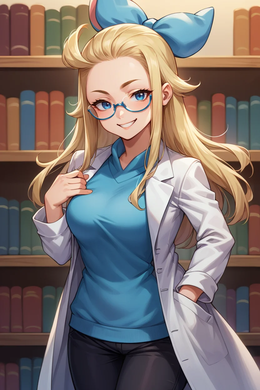 score_9, score_8_up, score_7_up, score_6_up, source_anime BREAK 1girl, solo <lora:edealee-pdxl-nvwls-v1-000005:1> bsEdea, blonde hair, blue bow, hair bow, glasses, white labcoat, blue sweater, black pants, library, looking at you, happy, smug