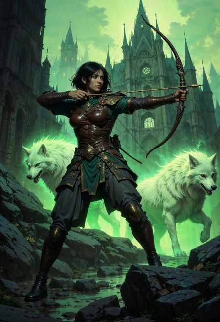 a digital fantasy artwork depicting a female archer in mid-action, drawn by artist Chris Rahn. The image is viewed from a slightly low angle, emphasizing the character's dynamic pose and the grandeur of the scene. The archer, with light brown skin and dark, short hair, is dressed in medieval-inspired, dark brown leather armor with green accents, including a chest plate, shoulder guards, and knee-high boots. She wields a longbow with a golden arrow nocked, poised to shoot. Her expression is focused and determined.
Surrounding her are three spectral, ghostly wolves, their bodies composed of ethereal, glowing green mist, adding a mystical element to the scene. The wolves' forms are translucent, with faint outlines of fur and claws, giving them an otherworldly appearance.
In the background, there is a grand, ancient castle with tall spires and arched windows, shrouded in a hazy green mist that blends seamlessly with the spectral wolves. The sky above is a pale, misty green, enhancing the magical atmosphere. The ground is rocky and uneven, with jagged rocks and dark, shadowy crevices, contributing to the sense of a rugged, untamed landscape.
The overall color palette of the artwork is dominated by dark greens and browns, with the ethereal green mist providing a striking contrast. The texture of the artwork is smooth, with meticulous attention to detail in the character's armor and the spectral wolves