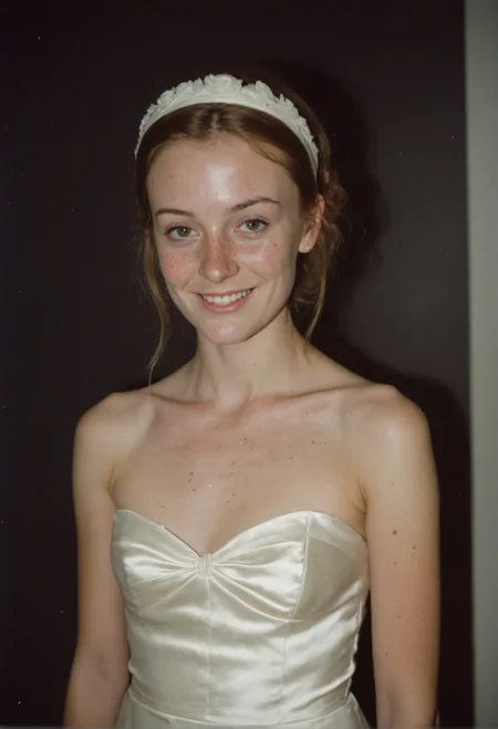 long cream silk wedding dress, skinny, amateur, sexy british woman, beautiful, 21 years old, headband, freckles, soft smile, lipgloss, ear, dark room, analog 90s Kodak flash photograph