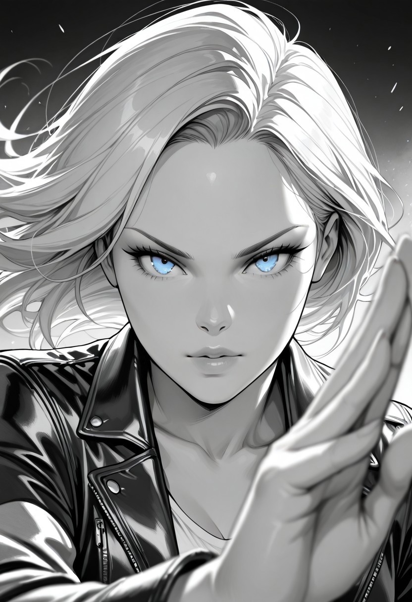 masterpiece, best quality,masterpiece, best quality, good quality, very aesthetic, newest, 8K, depth of field, focused subject, BREAK, photography art in Nina Leen style, monochrome, black and white, white dojo style futuristic leather jacket, portrait, a woman, long rasta hair, blue eyes, fighting stance, katanas,casting shadows style,midjourney style, lineart