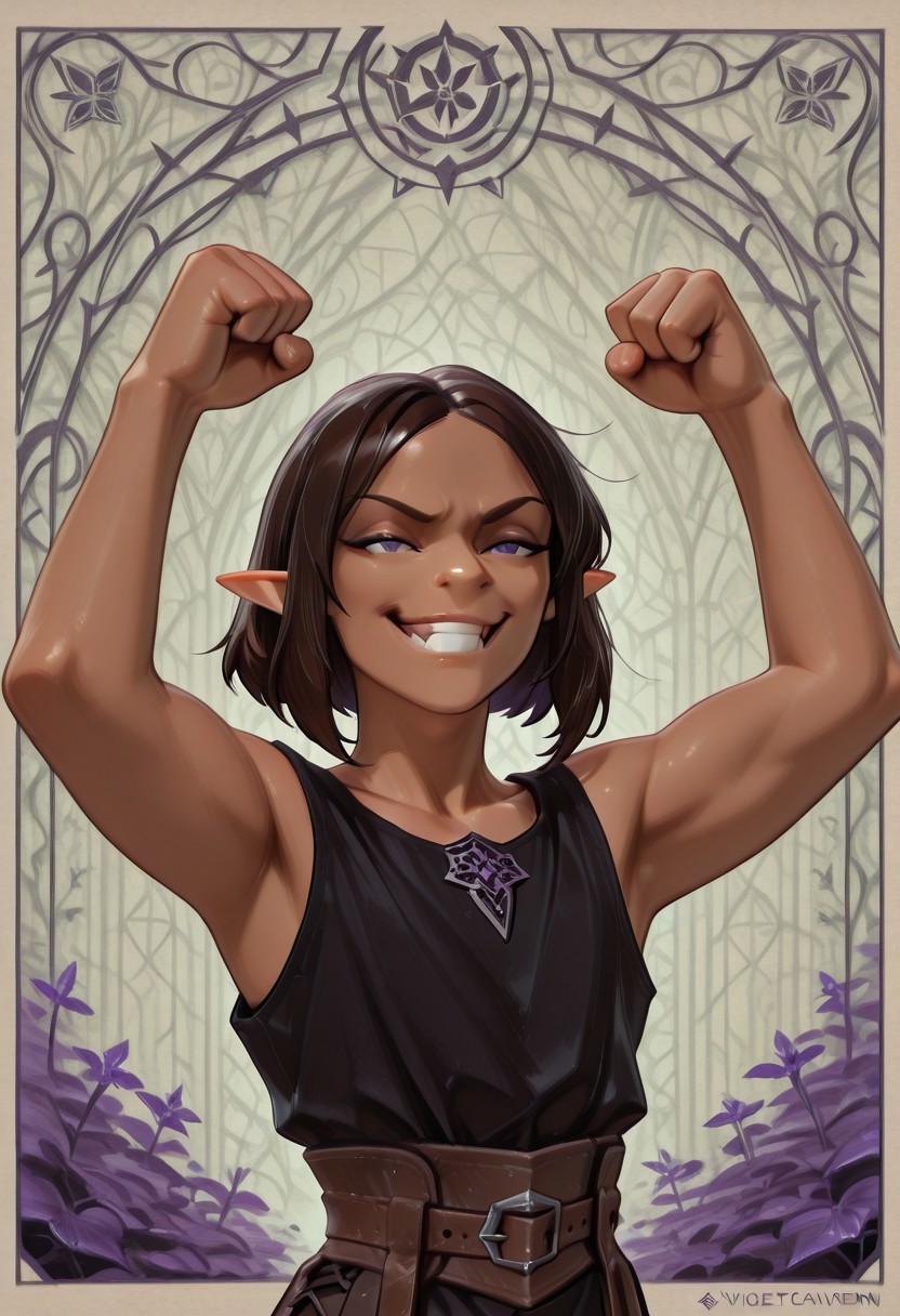 1 Lapanya, solo, Repeta, violet eyes, black sleeveless top,
Grinning, 
Fighting pose, fists up, bloody lip, 
Medieval style, Smooth colors, detailed eyes, organic cavern background, clean lines, high quality, best quality, masterpiece, rating: safe,  
source: anime,