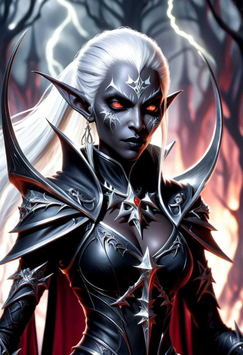 DonMD347hM374lXL female drow, fictional elfish individual, slender agile build, anthracite skin tone, sharp features, pointed ears, white hair, dark intricate rich ornamented robes, nocturnal environments, elusive mysterious, dark nature, fantasy, sorrowful,ebullient,crowded,whimsical,crystal,towering,minimal vegetation , death metal <lora:DonMD347hM374lXL:1>
