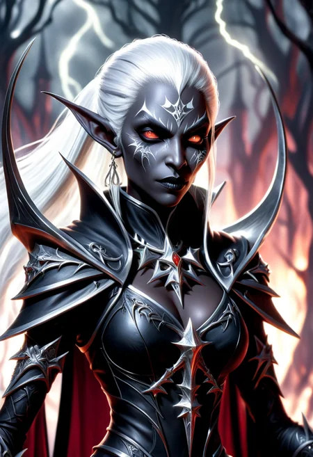 DonMD347hM374lXL female drow, fictional elfish individual, slender agile build, anthracite skin tone, sharp features, pointed ears, white hair, dark intricate rich ornamented robes, nocturnal environments, elusive mysterious, dark nature, fantasy, sorrowful,ebullient,crowded,whimsical,crystal,towering,minimal vegetation , death metal <lora:DonMD347hM374lXL:1>
