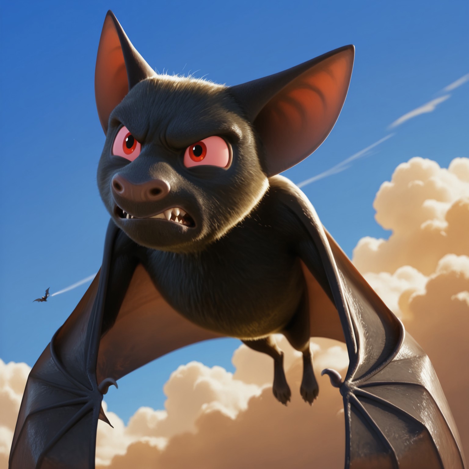 1boy, solo, Dracubat, male, bat (animal), red eyes, black fur, wings, feral

BREAK angry expression, serious, three-quarter_view, flying through the sky, daytime, sunny day, burning

BREAK best quality, amazing quality, very aesthetic, absurdres, newest