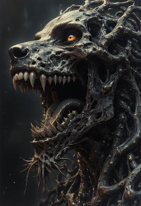 Off-center composition, right-aligned dynamic composition, an other wordly alien like monstrous skeletal creature, black glossy fractal skin leather texture, slimey, teeths, profile of a skeletal wolf with gaping jaws sharp teeth, disheveled fur fused half with a human set against a dark smoky background. The lighting accentuates the bone's texture and eerie atmosphere, cinematic film still, shallow depth of field, vignette, highly detailed, high budget, bokeh, cinemascope, moody, epic, gorgeous, film grain, grainy, cyberpunk style, glowing eyes, weird creature, blood moon in the background, Attack mode, hunting, on the move