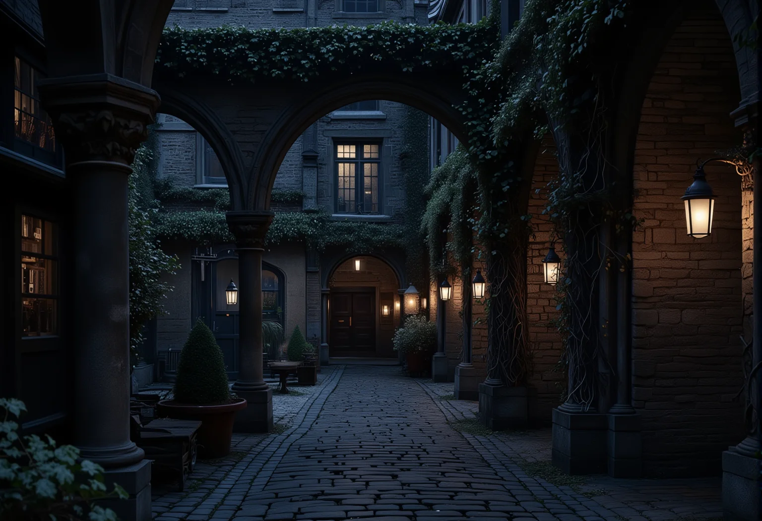 An empty cobblestone courtyard at dusk, framed by ivy-covered gothic arches, with the faint glow of lanterns in the distance. bv-daraca<lora:bv-dark-academia-v1.safetensors:1.0:1.0>