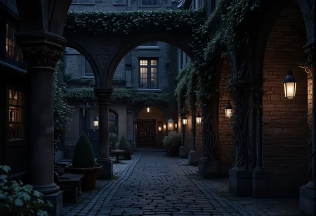 An empty cobblestone courtyard at dusk, framed by ivy-covered gothic arches, with the faint glow of lanterns in the distance. bv-daraca<lora:bv-dark-academia-v1.safetensors:1.0:1.0>