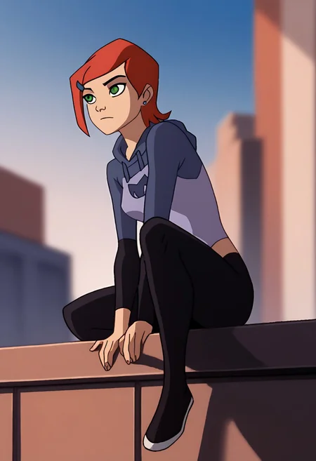 Score_9, score_8_up, score_7_up, score_6_up, SpecStyle, <lora:SpecPony:1.1>, wide shot,Gwen \(Ben 10\), solo, sexy, perfect face, thick eyeliner, long hair, red hair, green eyes, hairclip, medium breasts, blue sky, blurry background, building, blurry, parody, black eyes, 1girl, solo, outdoors, day, armor, full_body, female focus, posing, bodysuit, on rooftop, leaning against rooftop door,