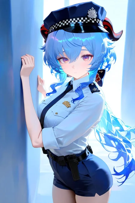 1girl,solo,
ganyu \(genshin impact\),
cowboy shot,looking at viewer,
best quality,amazing quality,very aesthetic,safe,
<lora:nyalia_Noob:1>,<lora:chequered_police_helmet_UK_police_hat:0.65>,police hat,