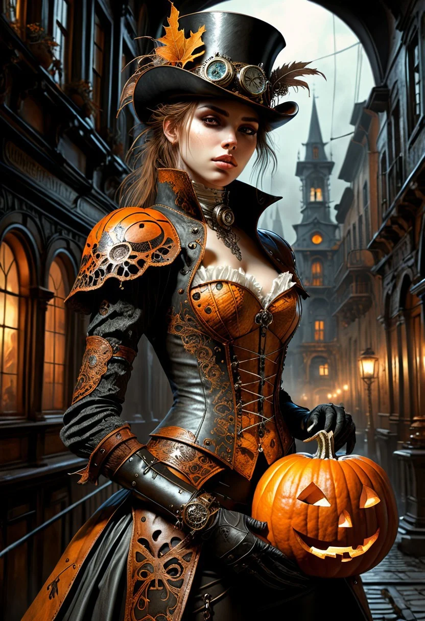 best quality,( Luis Royo style drawing), masterpiece, extremely detailed, an extremely delicate and beautiful, dynamic, realistic anatomy, great lighting, perfect shading, professional shading, depth of field, dark environment, beautiful pumpkin, steampunk pumpkin, full body, fur and leather, side soft light, elegant, gorgeous, highly detailed, well-endowed, full shot photo, uncropped, perfect face, perfect anatomy,cute, beautiful, perfect beauty,amazing beauty, pure genious, absolutely perfect, gentle, highly detailed, breathtaking, erotic, sensual