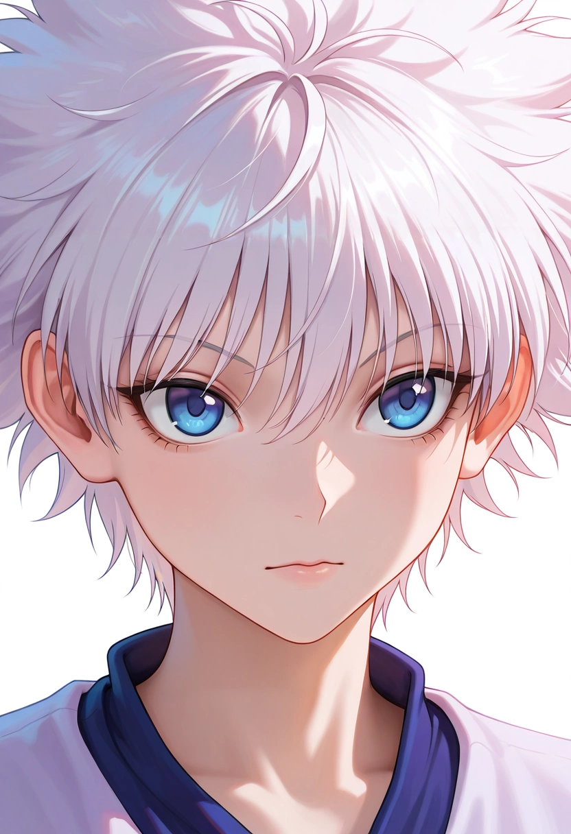 masterpiece, best quality, intricate details, (realistic:0.6), , , 1boy, solo, male focus, <lora:killua_zoldyck_ilxl:0.96>, killua_zoldyck, white hair, blue eyes, short hair, spiked hair, bangs, messy hair, , ,