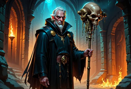 Dark-Fantasy-Cardd-Flux.V1.0 dark fantasy style illustration that features a necromancer, old man with perfect hands wearing black robe and wielding a staff adorned with multiple bones and skulls, he stands in the middle of crypt dimly lit by torches
