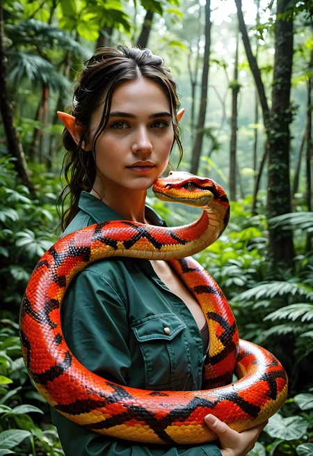 1girl,a female elf woman,holding a red snake,snake curled around her arm,woods, tropical forest, lush woods,Ultra-HD-details,glow effects,godrays,Hand drawn,render,8k,octane render,cinema 4d,blender,dark,atmospheric 4k ultra detailed,cinematic,Sharp focus,big depth of field,Masterpiece,colors,3d octane render,4k,concept art,trending on artstation,hyperrealistic,Vivid colors,extremely detailed CG unity 8k wallpaper,trending on CGSociety,Intricate,High Detail,dramatic ., score_9, score_8_up, score_7_up, score_6_up,