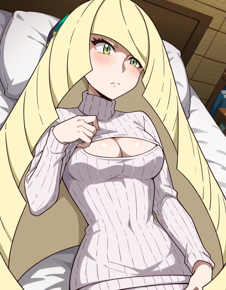 score_9, score_8_up, score_7_up, source_anime, <lora:pokemon-lusamine-anime-ponyxl-lora-nochekaiser:1>, pokemonlusamine, blonde hair, green eyes, hair over one eye, long hair, multicolored hair, streaked hair, very long hair,, <lora:open-chest-sweater-ponyxl-lora-nochekaiser:1>, open-chest sweater, ribbed sweater, cleavage cutout, meme attire, clothing cutout, turtleneck, sweater dress, cleavage, clothes tug, sweater pull, cleavage reach,, indoors, bed, bed room, blush, on bed, on back, , cowboy shot, dutch angle