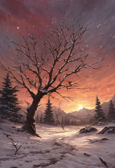 Oil painting on canvas, detailed background, (peaceful snowcapped mountains), ice covered oak trees with no leaves, snow on the ground, beautiful view, holly, mistletoe, early morning, sunrise sky, orange clouds, red sky, dappled sunlight, beautiful, train tracks in the snow, bird's nest, dead tree, depth of field, illustration, perfect composition, intricate details, absurdres, moody lighting, wisps of light, no humans, (baroque style: 0.8), (Bob Ross style: 0.6)