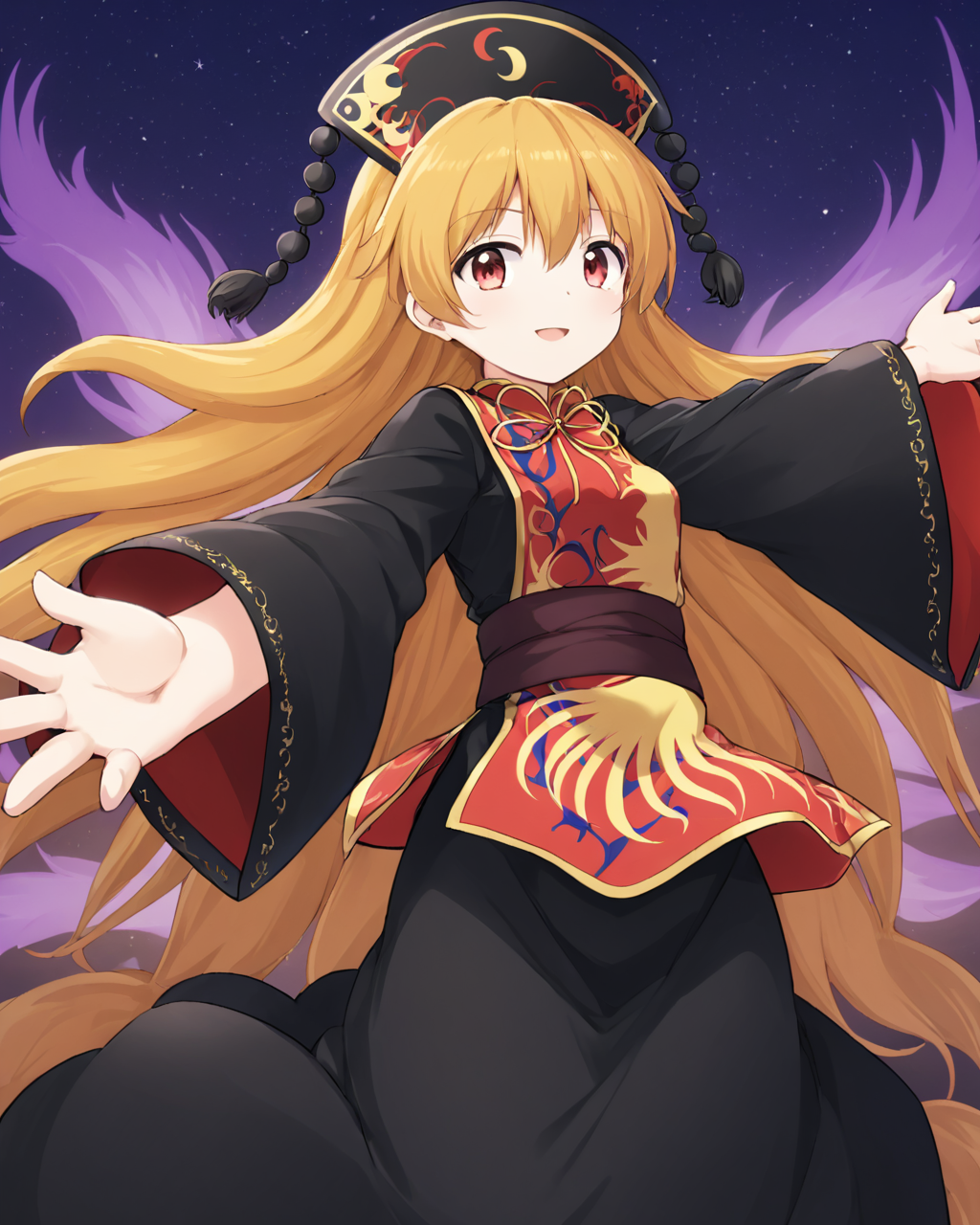 junko \(touhou\),1girl, solo, open_mouth, chinese_clothes, tabard, long_sleeves, wide_sleeves, black_dress, hat, smile, looking_at_viewer, sash, outstretched_arms, ribbon, multiple_tails, fox_tail
<lora:junko_(touhou)_image6079_2023-12-20-000007:1>,star-shaped_pupils,symbol-shaped_pupils,. gorgeous,key visual, vibrant, studio anime,award-winning, professional, highly detailed,high budget, cinemascope