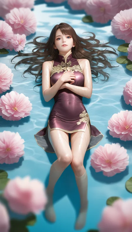 score_9,score_8_up,score_7_up,
<lora:diaochan:0.9>,
diaochan,
highres,photorealism,Cinematic Lighting,bloom,
1girl,solo,brown hair,long hair,bangs,
blue eyes,looking at viewer,parted lips,
purple cheongsam,short skirt,
full body,lying,on back,
wet,from above,in water,
blurry background,outdoors,flowers in background,(clear water:1.1),light particles,