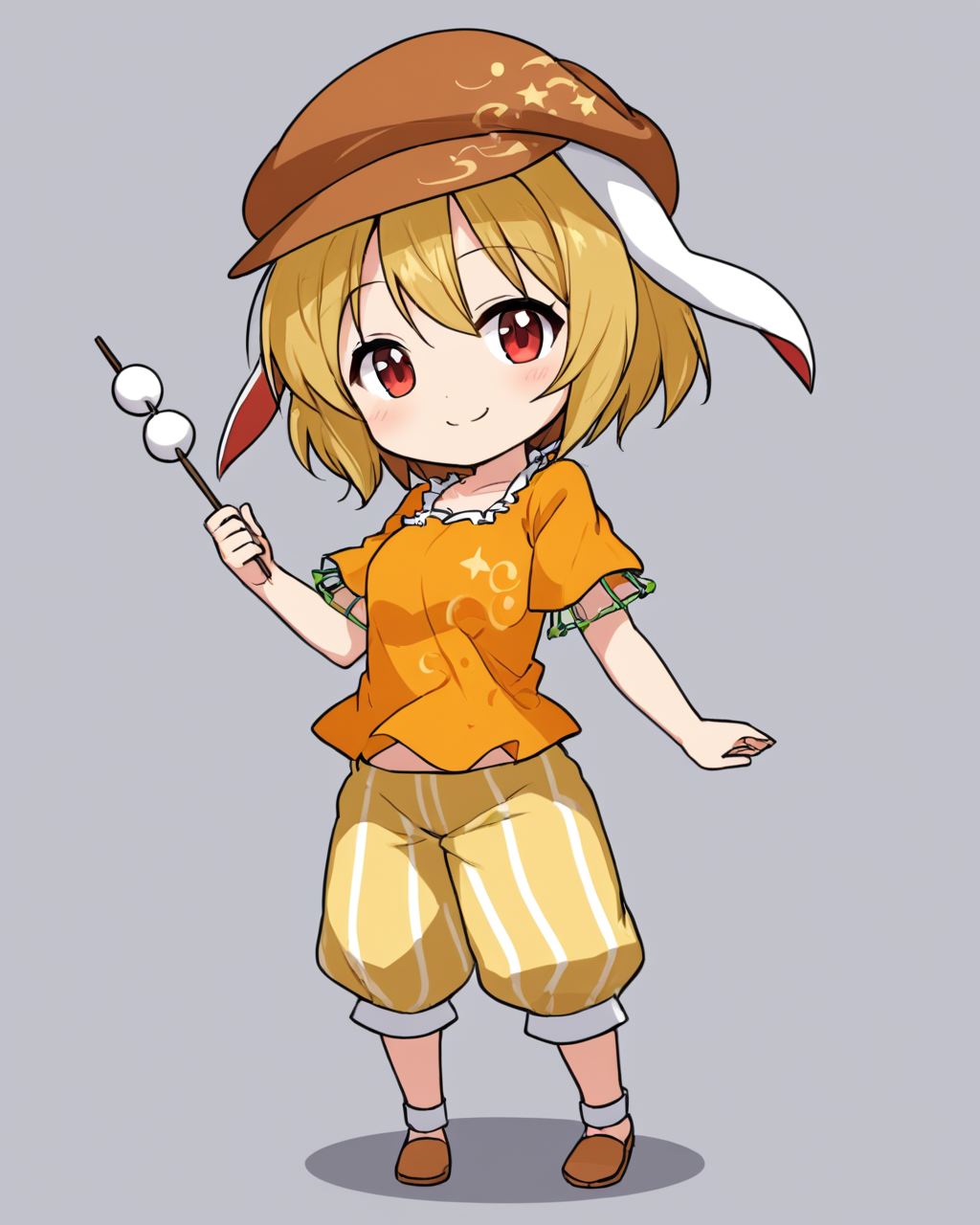 ringo \(touhou\),1girl, dango, solo, orange_shirt, chibi, flat_cap, skewer, smile, short_sleeves, shorts, looking_at_viewer, eighth_note
<lora:ringo_(touhou)_image967_2023-12-20-000015:1>,star-shaped_pupils,symbol-shaped_pupils,. gorgeous,key visual, vibrant, studio anime,award-winning, professional, highly detailed,high budget, cinemascope