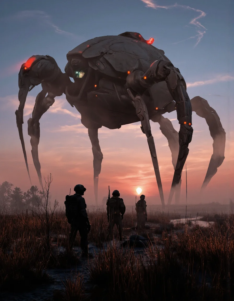 Art by Col Price & Ronan Le Fur.
A digital illustration shoot from a front camera angle about a futuristic, sci-fi scene featuring a large, imposing robot with a large spider-like structure and glowing red lights, accompanied by three silhouetted soldiers in a foggy landscape during sunset. the scene is set in a post-apocalyptic wasteland with tall grass and a distant horizon. the robot stands tall and imposing, with its legs spread wide, while the soldiers follow closely behind, each carrying a backpack and holding a gun. the soldiers are wearing full-body armor and helmets, and the robot has a sleek, metallic design with intricate details and a glowing red light at the top. the background features a gradient of blue and red hues, with a few faint contrails visible in the sky, creating a sense of depth and atmosphere. the overall mood of the image is ominous and foreboding, with the robot towering over the soldiers, adding to the sense of danger and isolation.