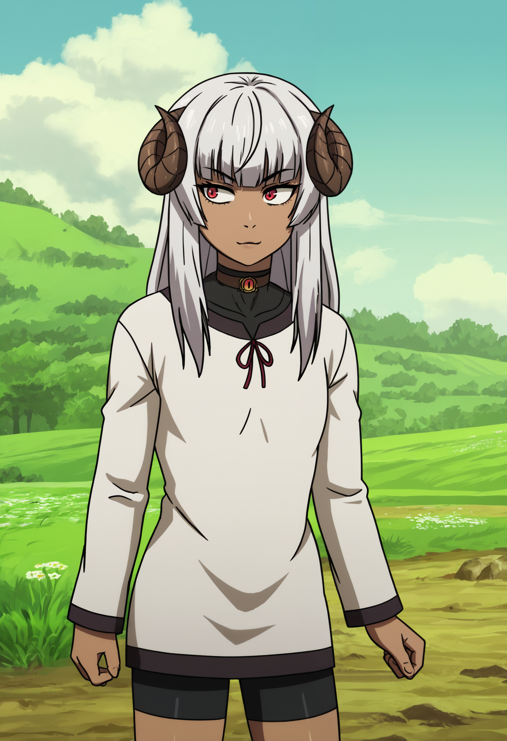 zPDXL, 1girl, BREAK
felm, horns, dark-skinned female, 
white dress, black shorts, long sleeves, choker, 
standing, cowboy shot, 
outdoors, blue sky,
<lora:felm-pony-kohya4-000004:0.6>