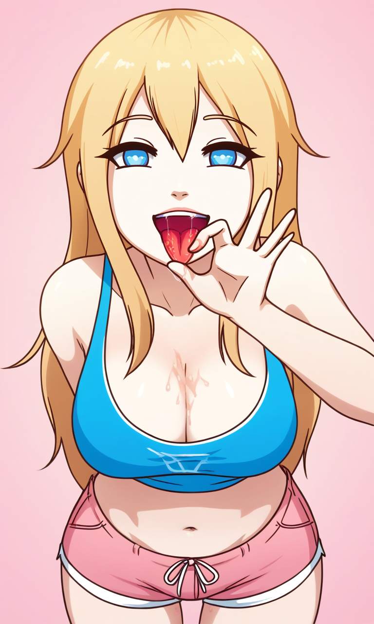 1girl, derpixonstyle, blonde_hair, blue_eyes, large_breasts, navel, looking_at_viewer, happy, tank_top, shorts, cleavage, upper_body, breast_focus, pink_background, fellatio_gesture, tongue_out, open_mouth, saliva