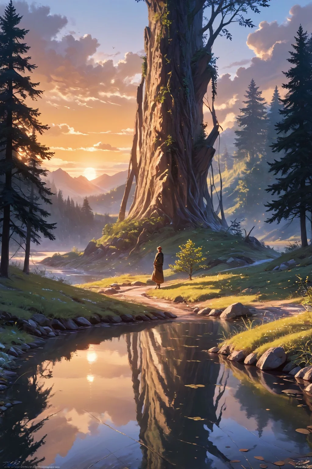 colorful,detailed background,Cinematic Lighting,film grain,score_9,score_8_up,score_7_up,zPDXL2,masterpiece,best quality,highly detailed,
<lora:(增强)sdxl_lightning_8step_lora:1>,<lora:glowneon_xl_v1:1>,glowing,<lora:hand 4:1>,hand person,<lora:Expressive_H:0.8>,Expressiveh,<lora:1llum1XLP:0.8>,1llum1,
fine art parody,forest,trees,lake,sunset,