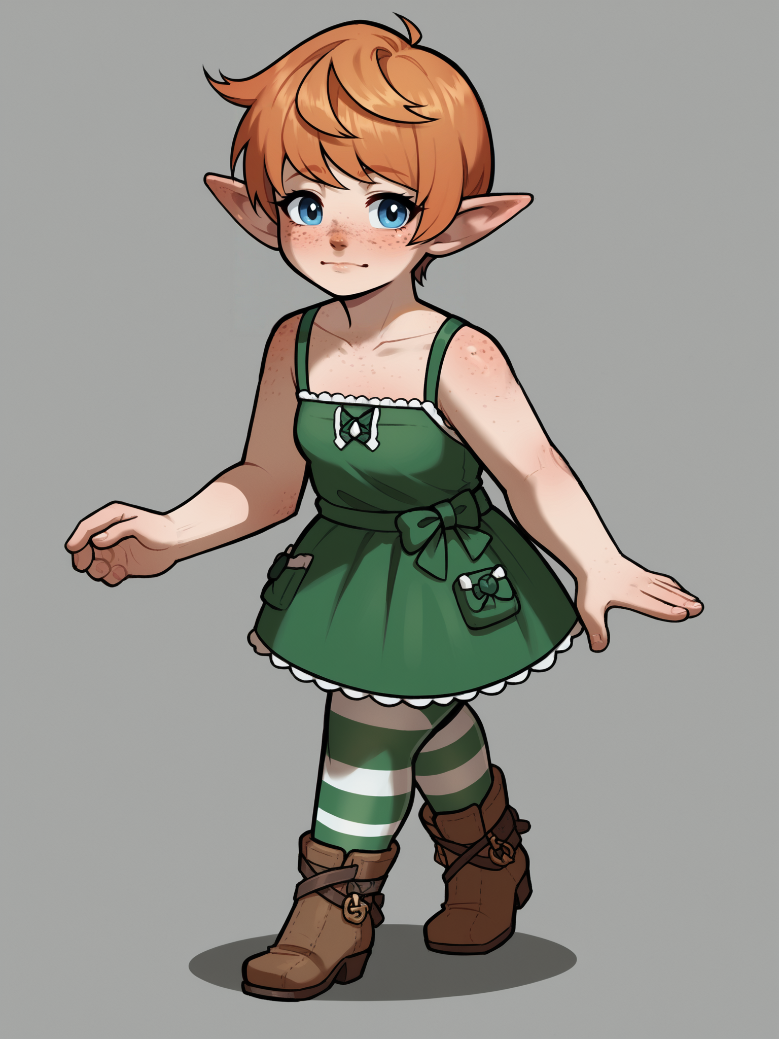 score_9, score_8_up, score_7_up, score_6_up, 1girl, solo, high quality, absurdres, detailed, fine fabric emphasis,
<lora:WossaRem v2:0.9>, wossarem, green short dress, striped pantyhose, ankle boots, <lora:PopipiDT_v1-20:0.8> popipi, lalafell, pointy ears, orange hair, freckles, short hair, blue eyes, brown nose
