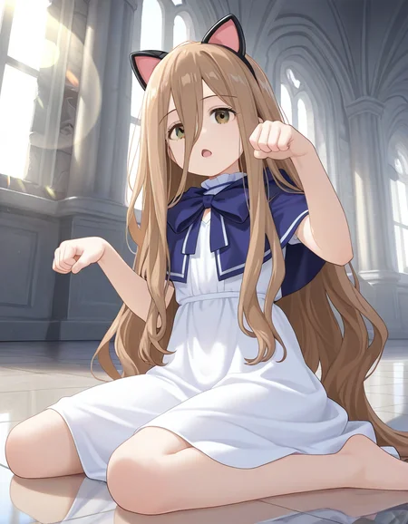 1girl, sense \(sousou no frieren\), very long hair, hair between eyes, brown eyes, light brown hair ,blue capelet, white dress, sunlight,  lens flare, paw pose, fake cat ears, open mouth,wariza, on floor, reflective floor,  castle interior, domino floor