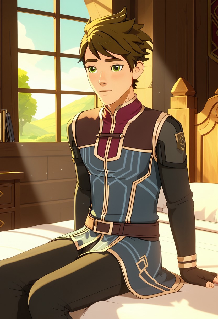 Score_9, Score_8, Score_7, TDPStyle, Callum, Messy Hair, Green Eyes, Blue Mage Outfit, sitting on a bed,, with sunlight filtering through the windows,