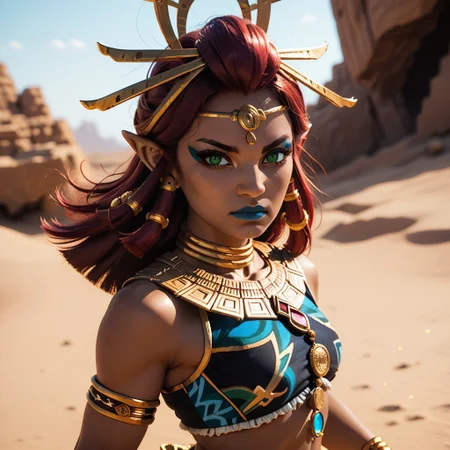 score_9, score_8_up, score_7_up, score_6_up, riju,
1girl, solo, looking at viewer, long hair, gold, jewelry, green eyes, red hair, pointy ears, dark-skinned female, makeup, lipstick, neck ring, blue lips, breasts
cowboy shot, dutch angle, desert background, lightning, SK_Fantasy, attack pose,
