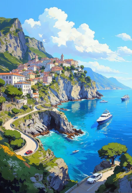 a hyper-detailed, immersive painting of the iconic Amalfi Coast. The scene is a harmonious blend of nature and architecture, showcasing dramatic cliffs adorned with pastel-colored buildings that cascade down toward the sparkling Mediterranean Sea. Lush greenery drapes over the terraced gardens, while winding roads snake through the cliffs, dotted with charming cars. In the calm, azure waters, boats and yachts float gently, their reflections shimmering under the warm Mediterranean sunlight. The sky is a radiant blue with soft, wispy clouds, creating an idyllic backdrop. This artwork exudes the elegance and timeless charm of this famous Italian destination, with meticulous attention to vivid colors, textures, and details. DB4RZ, DB4RZ style painting, NeoPigma, in the style of cksc, anime, cyberpunk