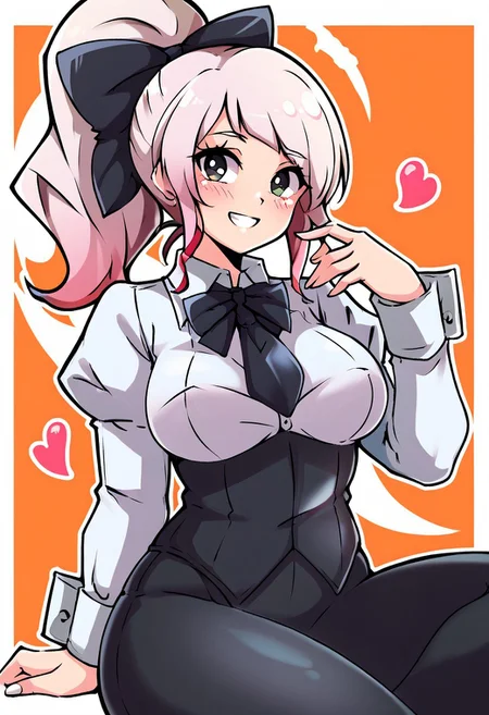 score_9, score_8_up, score_7_up, score_6_up, score_5_up, score_4_up, source_cartoon, <lora:confetti-extract- ponyxl:0.85>, detailed eyes, easynegative, rating_explicit, Expressiveh, 1girl, solo, moz
Geraldine, shirt, long sleeves, white shirt, white hair, ponytail, sidelocks, thighs, hair bow, collared shirt, pants, puffy sleeves, bowtie, black eyes, wrist cuffs, black bow, dress shirt, swept bangs, black pants, high ponytail, juliet sleeves, black bowtie, sleeve cuffs, traditional bowtie, necktie, shy, blush
big breasts, , smiling at viewer