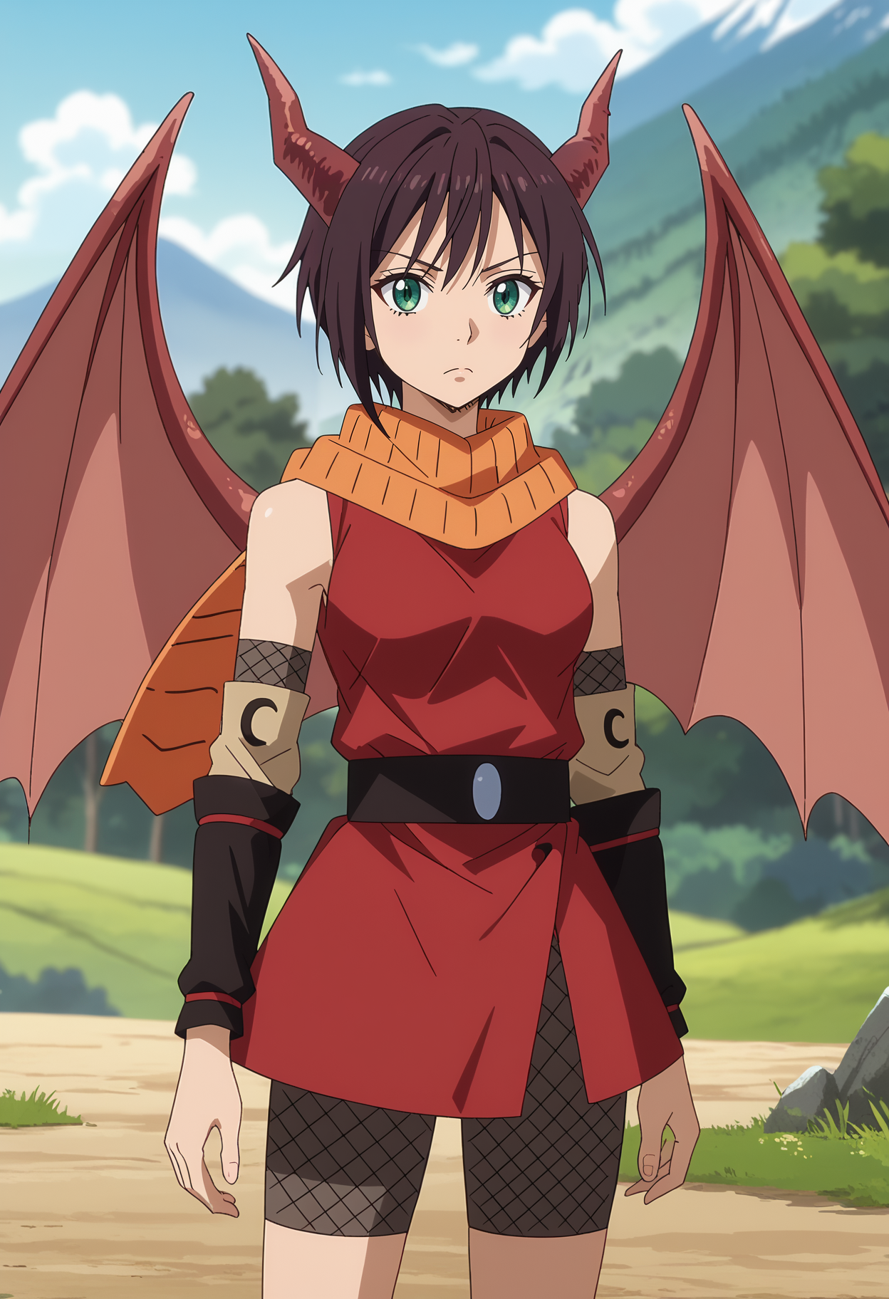 score_7_up, anime screencap,
<lora:TenSura_SoukaXL:0.9>, SoukaTS,
1girl, solo, closed mouth, serious,
short hair, brown hair, green eyes, dragon horns, dragon wings,
orange scarf, red shirt, black belt, red skirt, bike shorts, fishnet legwear, detached sleeves,
looking at viewer, cowboy shot,
blurry background, outdoors, mountains, scenery, forest, blue sky