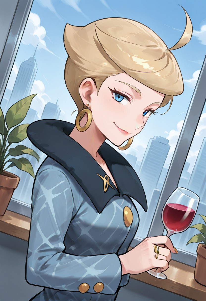 score_9,score_8_up,score_7_up,score_6_up,best quality,masterpiece, background is skyscraper, office, wall is windows, potted plant, skyline, 1girl, solo, (from side:0.4), dutch angle,
BREAK
jettza, (mature female:1.2), blue collared coat, blonde hair, short hair, blue eyes, hoop earrings, ahoge, looking at viewer, smile, holding glass of wine,