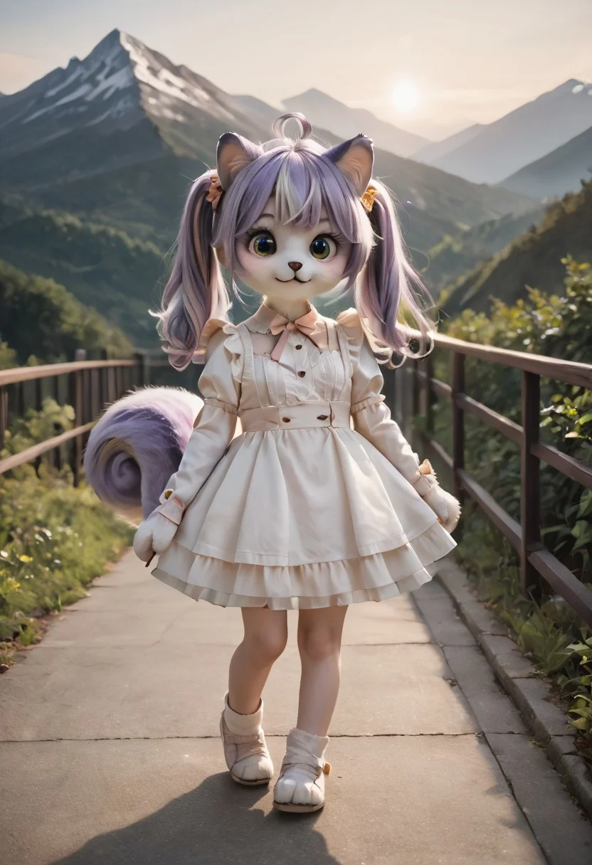 1girl,8K, best quality, best resolution,score_9,score_8_up,score_5_up,score_7_up,score_6_up,best quality,source_anime,Mauveko,furry,white dress,big eyes,detailed eyes,detailed face,BREAK,outside,mountain background, pastel lighting effect,light beam,full body,