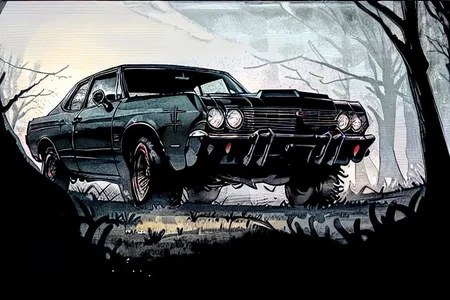 1967 CHEVROLET IMPALA, Sport Sedan, light beams, Black, dark forest background, blood moon, single lantern, dirt road, supernatural, feep fog,