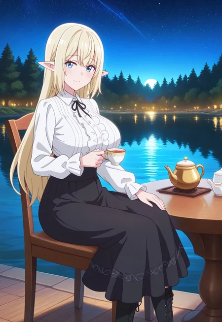masterpiece,best quality,1girl,looking at viewer,
ar1a, blonde hair, long hair, pointy ears, elf, blue eyes, large breasts,collared shirt, long sleeves, black ribbon, black skirt, long skirt, black footwear, knee boots,
light smile, A beautiful anime girl sitting elegantly on a chair by the lakeside at night, enjoying a peaceful tea time under the moonlight. tea pot, She gracefully holds a delicate tea cup in one hand, while a charming tea pot rests on the table in front of her. The serene lake in the background reflects the soft glow of the moon, creating a dreamy and tranquil nighttime atmosphere. Moonlight filters gently through the trees, casting a silvery glow over the scene. The girl wears a refined Victorian-style dress with intricate lace and ribbon details, exuding elegance and grace. The setting features realistic reflections on the water, cinematic nighttime lighting, and a breathtaking natural backdrop under the night sky filled with stars.