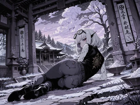 masterpiece,best quality,amazing quality,, re4lity_sync_illu, Sinozick_illu, LeIsT0_illu, 1girl, (solo:1.4), (cute, adorable, kawaii:1.2),
soft lighting, shadows, soft shadows, dramatic lighting,  light particles,,  dark theme, surreal, flat color, spot color, (monochrome, grayscale:0.7), light purple theme, (exterior,:1.1)
1girl, (solo:1.4),  medium hair,   no puplis,   looking at viewer,    ,tall,  modest shoes,    rough patches, mismatched colors,  (light white skin, colored skin,:1.4)  from behind, looking back, looking at viewer, dutch angle, on side, laying on side, , hands behind back,  
expansive print,  googles on head,
  military jeans,
copper corner wall, snow, winter, ice,   twisted grass, magical clouds,   emergency lighting, staircase, huge plants, huge trees, huge flowers,  gold short walls,   firebloom tree, colored grass,  shrine, temple, towering columns, intricate carvings, sacred altars, incense burners, polished floors, banners, wall murals, offering bowls, symbols, shelves, crystals,  Jagged cliffs, bedroom, bed, window, 
<lora:NOOB_vp1_detailer_by_volnovik_v1:1> <lora:add-detail-xl:1> <lora:Sinozick_style:0.6> <lora:LineArt Grey [LoRA] - Illustrious-XL v0.1:0.4> <lora:LeIsT0_style:0.2> <lora:- iLL - the_edgy_mech_V2.0-:0.4> <lora:ck-shadow-circuit-IL:0.4> <lora:illustrious_very_aesthetic_v1:0.2> <lora:cutesexyrobutts_style_illustrious_goofy:0.2> <lora:OldAnimeStyle_XL_v3:0.3> <lora:xl_more_art-full_v1:0.3> <lora:style2:0.1> <lora:ponyv6_noobE11_2_adamW:0.2>