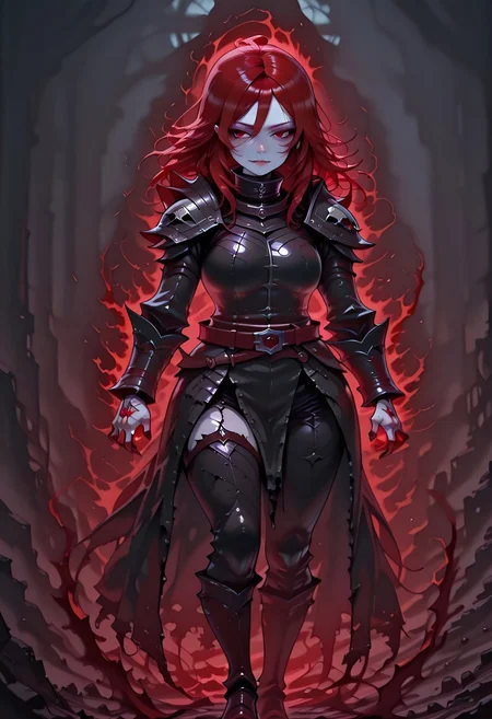 masterpiece, best quality, highres, absurdres, amazing quality, high resolution,
Red Eyes, Red Hair, pale skin, Black Medieval Armor, leather straps, full body armor
animate_dead, aura on skull,